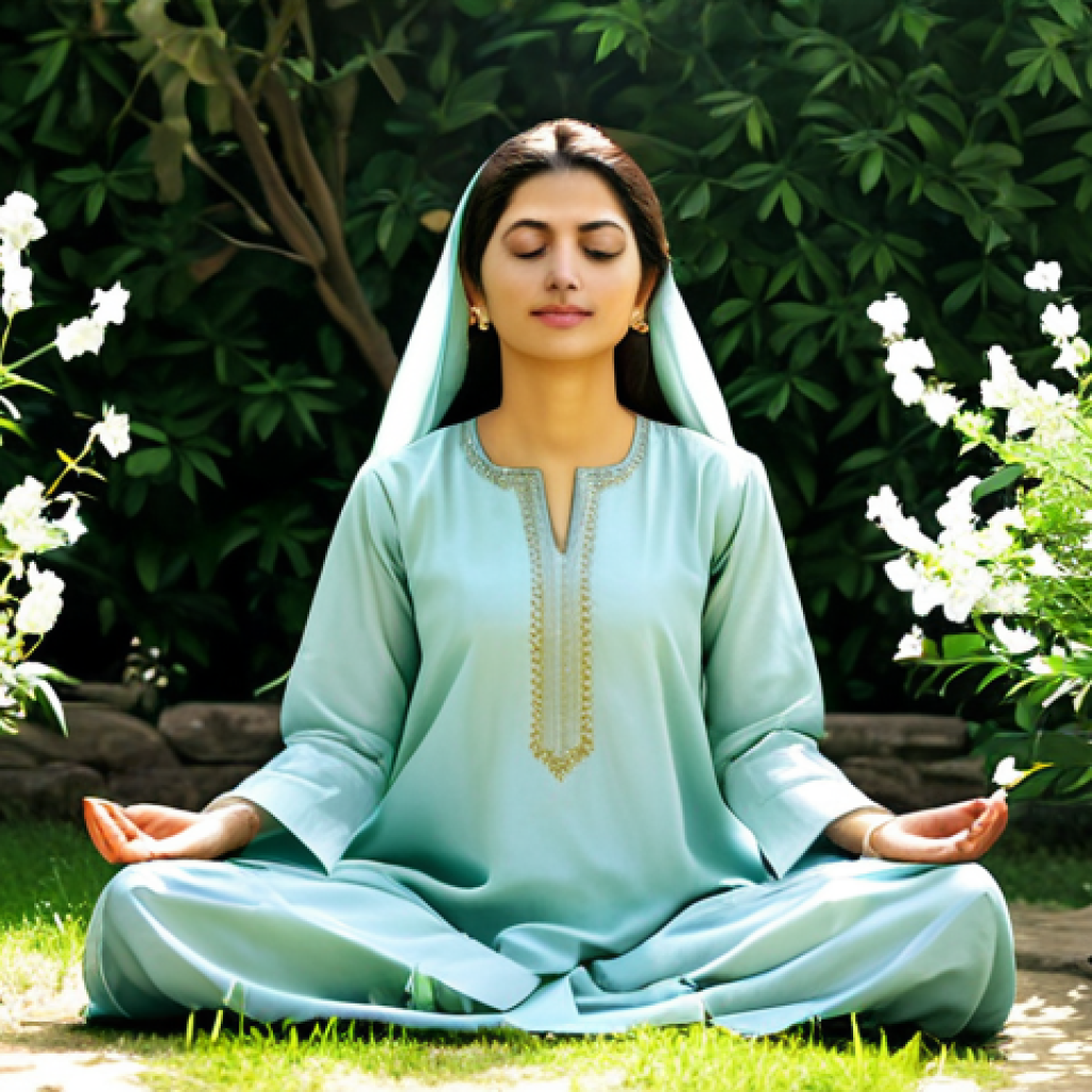 **
A woman in modest, traditional Pakistani clothing (shalwar kameez), sitting peacefully in a garden filled with blooming jasmine flowers. She is meditating with her eyes closed, a serene expression on her face. The scene is bathed in soft, warm sunlight. Fully clothed, appropriate attire, safe for work, perfect anatomy, natural proportions, professional photography, high quality, family-friendly.
**