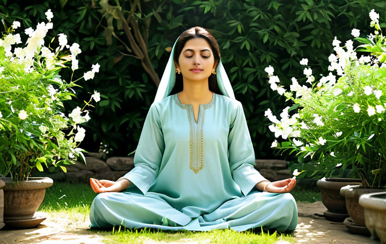 **
A woman in modest, traditional Pakistani clothing (shalwar kameez), sitting peacefully in a garden filled with blooming jasmine flowers. She is meditating with her eyes closed, a serene expression on her face. The scene is bathed in soft, warm sunlight. Fully clothed, appropriate attire, safe for work, perfect anatomy, natural proportions, professional photography, high quality, family-friendly.
**
