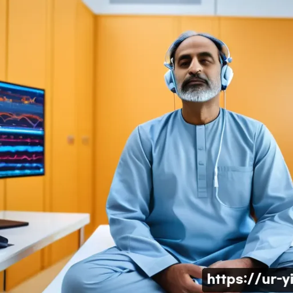 뇌파 조절을 위한 실험적 접근 - A sophisticated, modern neurofeedback therapy session scene set in a serene clinical environment in ...