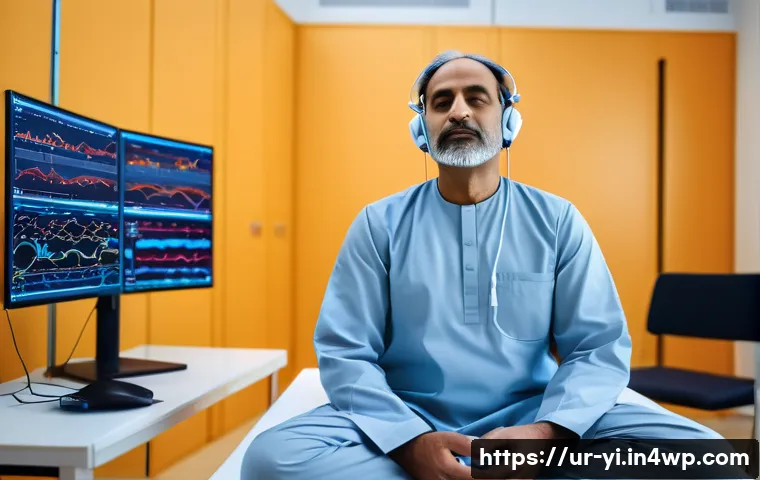 뇌파 조절을 위한 실험적 접근 - A sophisticated, modern neurofeedback therapy session scene set in a serene clinical environment in ...