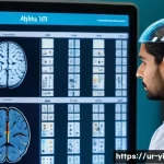 Home 22 뇌파 조절과 뇌파 측정 기법 - 5 to 100 Hz) labeled in Urdu script alongside English. The scientist is pointing to a 3D brain holog...