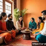 Home 20 뇌파 조절을 위한 동료 지원 - A serene, cozy gathering of diverse friends sitting comfortably in a traditional South Asian living ...
