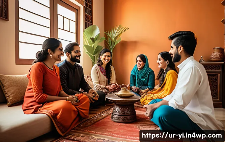뇌파 조절을 위한 동료 지원 - A serene, cozy gathering of diverse friends sitting comfortably in a traditional South Asian living ...