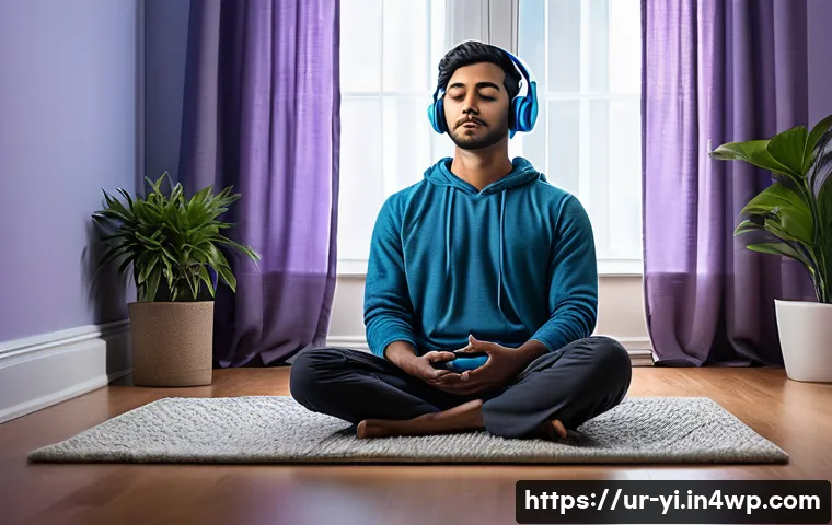 뇌파 조절을 위한 뇌파 훈련 기계 - A serene and modern home meditation room with soft natural light filtering through sheer curtains, f...