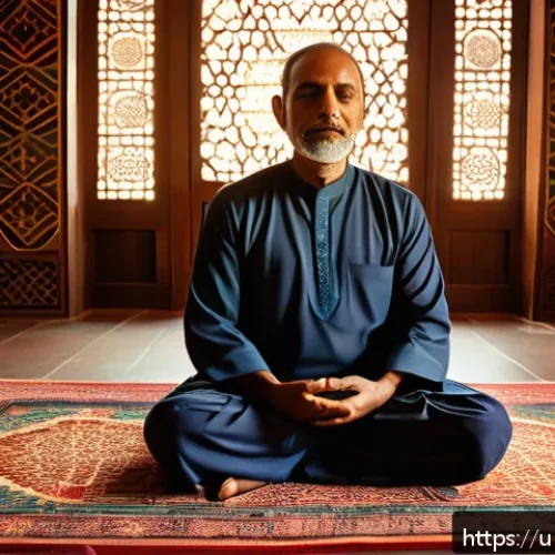 Home 30 뇌파 조절을 위한 성공적인 사례 연구 - A serene Urdu-speaking middle-aged man sitting cross-legged on a traditional patterned prayer rug in...