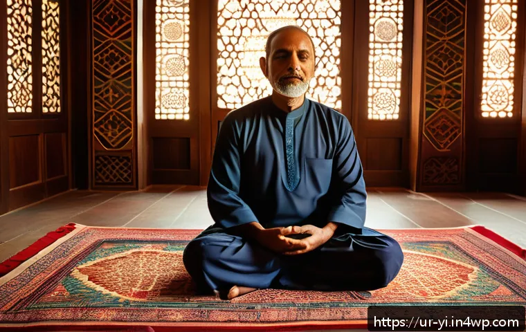 뇌파 조절을 위한 성공적인 사례 연구 - A serene Urdu-speaking middle-aged man sitting cross-legged on a traditional patterned prayer rug in...